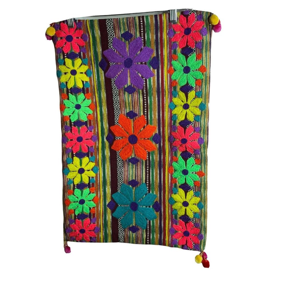 Peruvian Throw Pillowcase 24x16 Embroidered Pillow Cover Floral Striped Wool